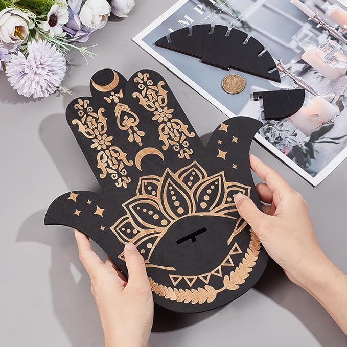 CREATCABIN Hamsa Wall Decor Lotus Wooden Crystal Display Shelf Crystal Holder Shelves Hamsa Hand Wall Mounted Floating Shelf Stand for Witch Stuff Altar Supplies Spiritual Gift Black 9.8 x 11.8Inch