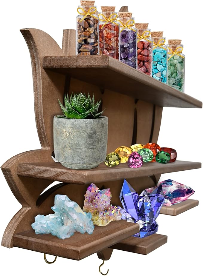 Chakral Wooden Lotus Flower Shelf for Crystals - Floating Crystal Display Shelf & Holder, Wall Decor for Bedroom Aesthetic, Pinewood (Brown)