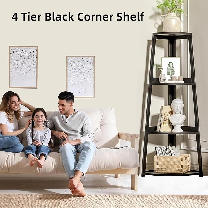 4 Tier Corner Shelf,Bamboo Corner Ladder Shelf,47" Tall Corner Ladder Bookshelf, Corner Shelving Unit for Bathroom, Bedroom, Living Room, Small Space Decor,Black