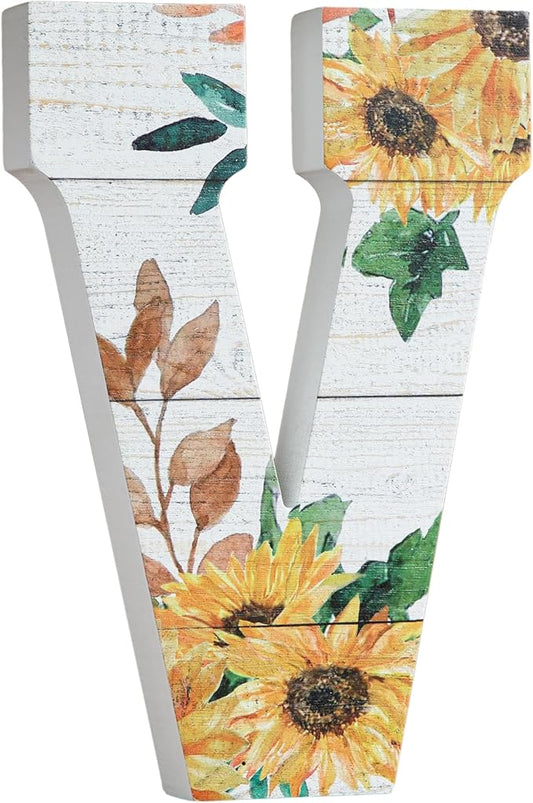 COLLECTIVE HOME - 10" Wood Lettes for Wall Decor, Sunflower Tabletop Alphabet Decoration, DIY Farmhouse Decor, Rustic Freestanding Monogram Block (V)
