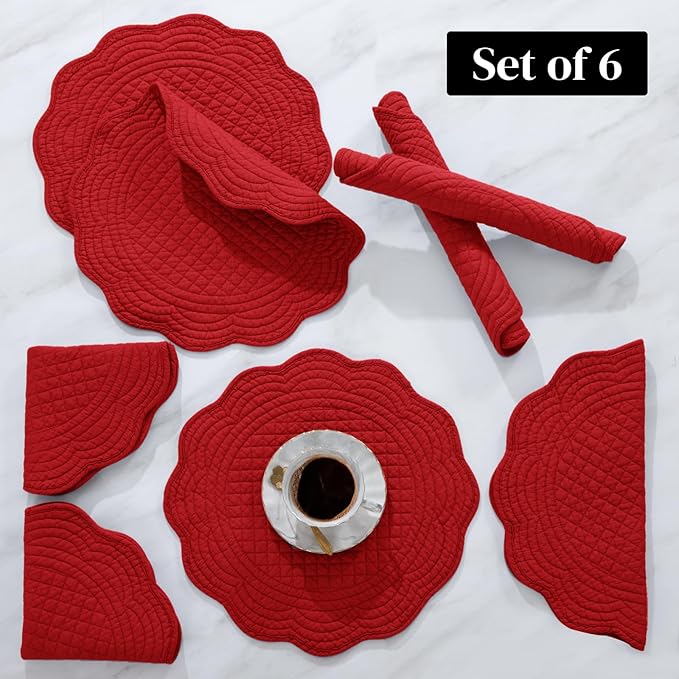 HOMBYS Quilted Placemats Set of 6 Washable Round Placemats for Kitchen Table-100% Cotton Fabric 13 Inch Round Table Mats, Cotton Fabric with Microfiber Filling, (13"x13", Red)