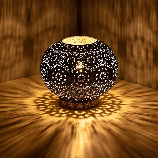 Moroccan Mosaic Table Lamp Metal Turkish Moroccan Lamp Handmade Mosaic Bedside Lamp Nightstand Lamp with Vintage Patina Green Globe Lampshade, for Bedroom Living Room Decor, Size 7" H &7.8" D