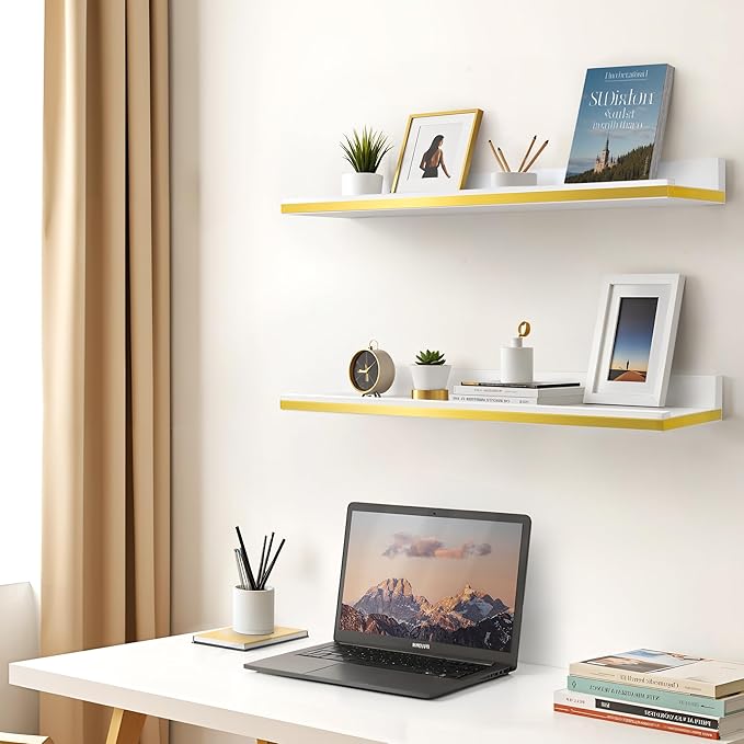 Gronda Floating Shelves for Wall with Ledge,White and Gold Picture Ledge Shelf Floating Shelves with Lip, 23.6 Inch Long Storage Shelves Wall Mounted for Bathroom Kitchen Bedroom Shelf Decor,Set of 2
