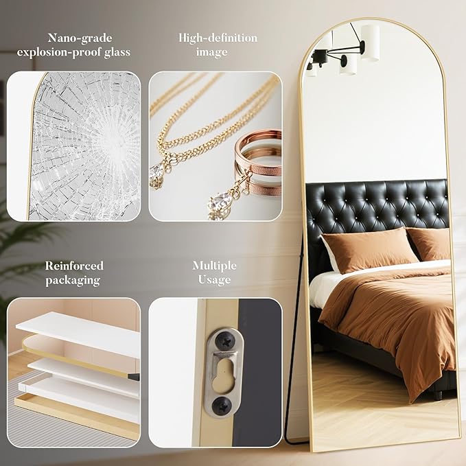 DUMOS Arched Wall-Mounted Full Length Mirror 26"x71" for Bedroom, Full Body Floor Mirror with Stand, Hanging or Leaning for Wall, Gold