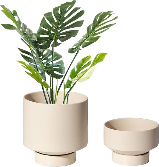 UBEE 2 Ceramic Pots for Indoor Plants Set, 5.43 Inch + 4.61 Inch Plant Pots with Drainage Holes and Saucers, Ceramic Succulents Planter Pot Flower Pot with Saucer, Beige