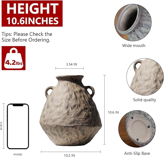 Ceramic Rustic Farmhouse Flower Vase with 2 Handles, 10.6 Inch Tan Brown Vintage Clay Terracotta Pottery Texture Handmade Vase,Wabi Sabi Home Living Room Table Decor,Gift for Women Girls