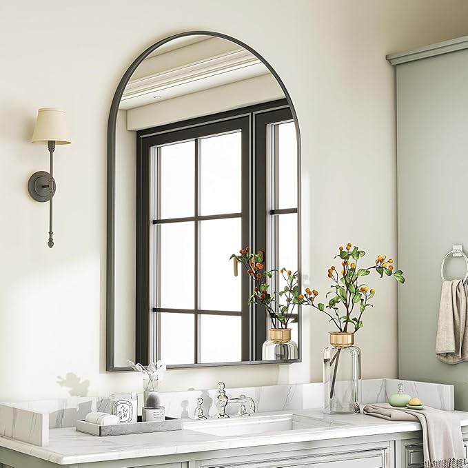 Arched Wall Mirror, 38 x 26 inch Arch Bathroom Mirror, Wall Mounted Vanity Mirror with Arch Metal Frame, Modern Bathroom Vanity Mirror for Bedroom, Living Room, Hanging or Leaning, Black