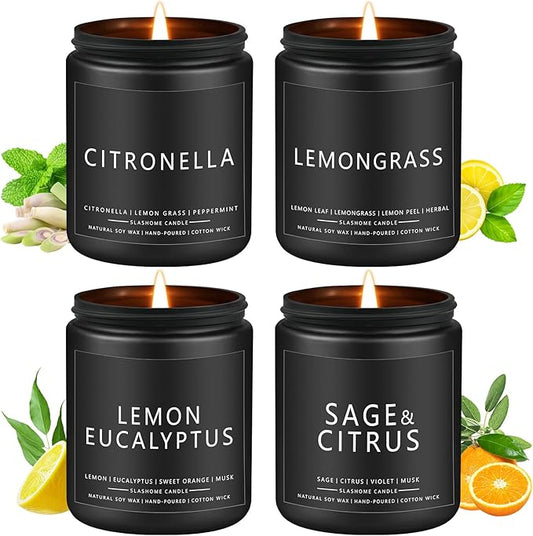 Outdoor Candles for Men, Scented Candles for Summer, Gifts for Father Dad & Boyfriend, Soy Jar Candle for Home Scented - Citronella/Lemon Eucalyptus/Lemongrass/Sage & Citrus (7oz - 4 Pack)