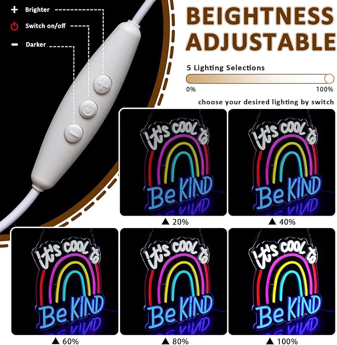 It's Cool To Be Kind Neon Sign for Wall Decor, Rainbow Led Signs for Bedroom, USB Dimmable Colorful Neon Lights for Classroom Home Club Motivational Birthday Party Office Decoration Wall Art