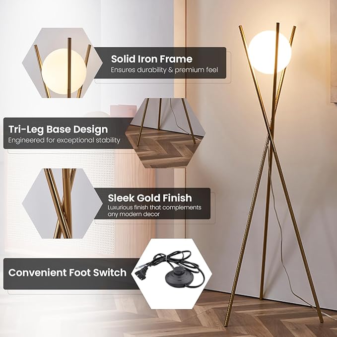 Solstice Modern Frosted Glass Globe Floor Lamp (165cm) Contemporary LED Dimmable Lighting for Bedroom, Living Room, Hotel & Home Office (Gold)