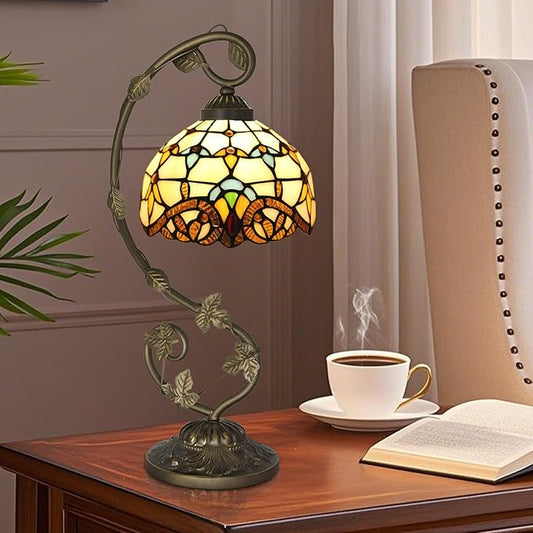 Tiffany Lamp,21x11x8 inches Stained Glass Lamp,Beige Baroque Tiffany Style Table Lamp with Three-Color Dimming for Bedside Table,Dining Table,Antique Office