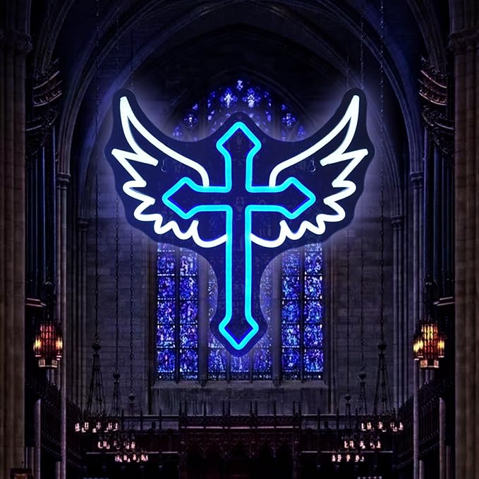 Cross Wings Neon Signs for Wall Decor White Blue LED Light Sign for Preppy Room Decor Light Up Sign for Birthday Party Decoration USB Powered