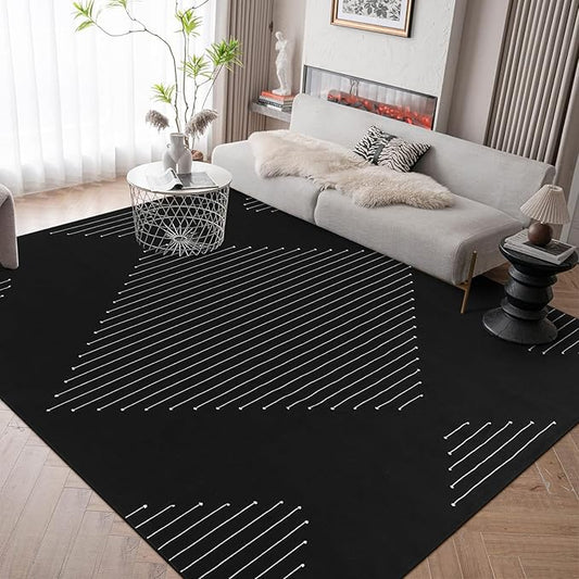 LIVEBOX Boho Area Rug 8' x 10' Black Living Room Rug Washable Moroccan Cotton Rugs for Bedroom, Large Thin Carpet Indoor Outdoor Floor Rug for Dining Room Home Office