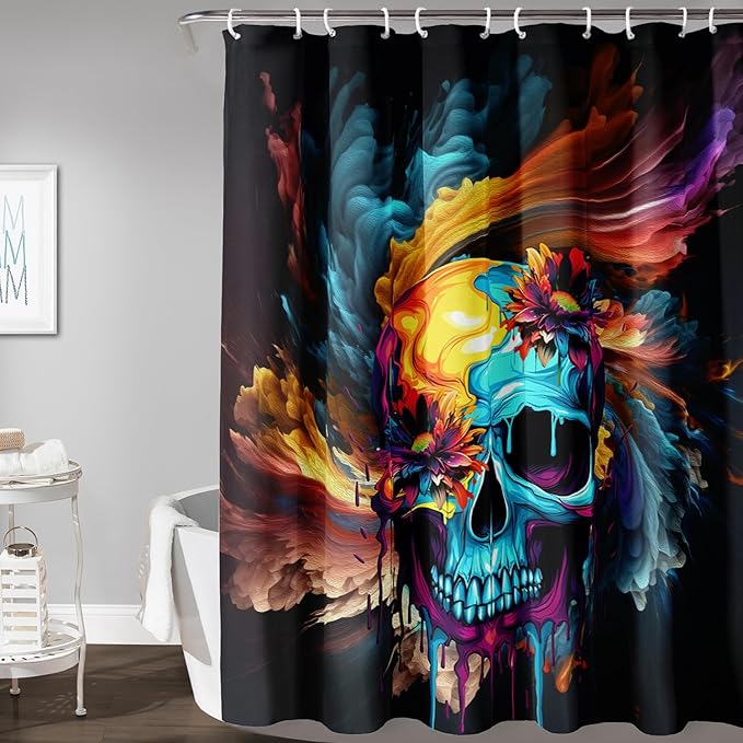 AILONEN Sugar Skull Shower Curtain for Bathroom,Romantic Colorful Smoky Skull Bath Curtain,Watercolor Skull Skeleton Decoration Bathroom Waterproof Shower Curtain with 12 Plastic Hooks, 72" W*72" H