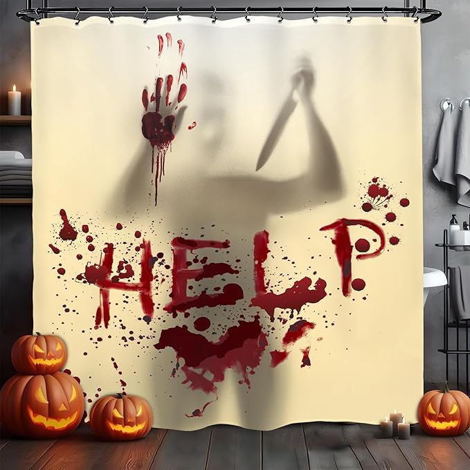 Halloween Horror Scary Shower Curtain 60Wx72L Inch Help Me Blood Silhouette Funny Spooky Holiday Bathroom Set Accessories Decor with 12 Pack Hooks