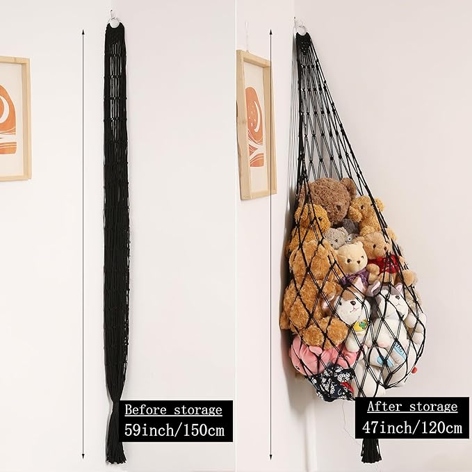 Stuffed Animal Hammock Corner Hanging Net for Stuffy Animal Storage Macrame Toy Display Plushie Toy Holder-Perfect for The Tiny Space Walls, Kid Bedroom Decor Playroom Organizer (Black)