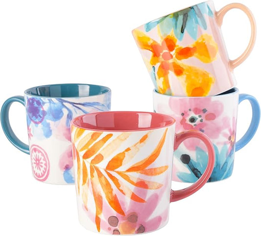 Spice by Tia Mowry Floral Garden 4 Piece Large 17OZ Decorated Porcelain Mug Set Multicolor
