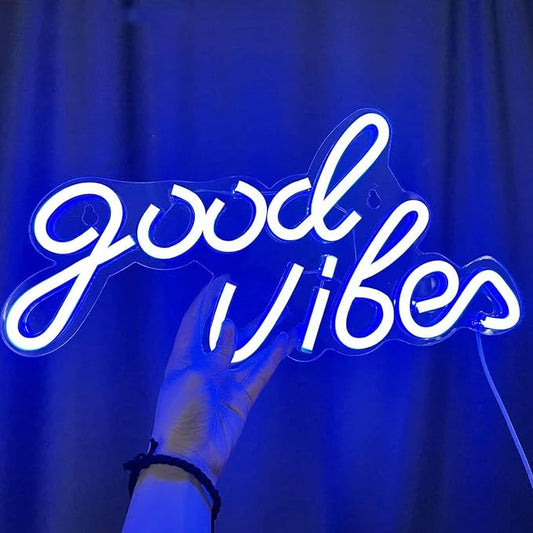 Good Vibes Neon Sign, LED Neon Signs for Wall Decor, Blue Neon Lights for Bedroom & Party Art Decor, USB Powered Bright Neon Light for Lover, Friends