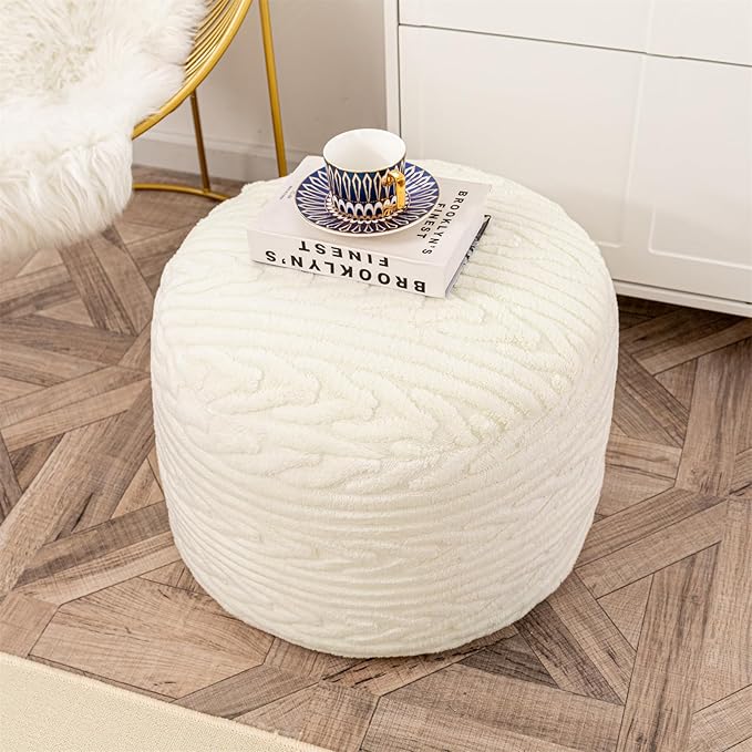 Round Pouf Ottoman 20 x 20 x 14 Inches Boho Poof Home Decor Floor Pouffe Ottoman Foot Rest for Couch Sofa Bean Bag Chairs Living Room Bedroom Cream White