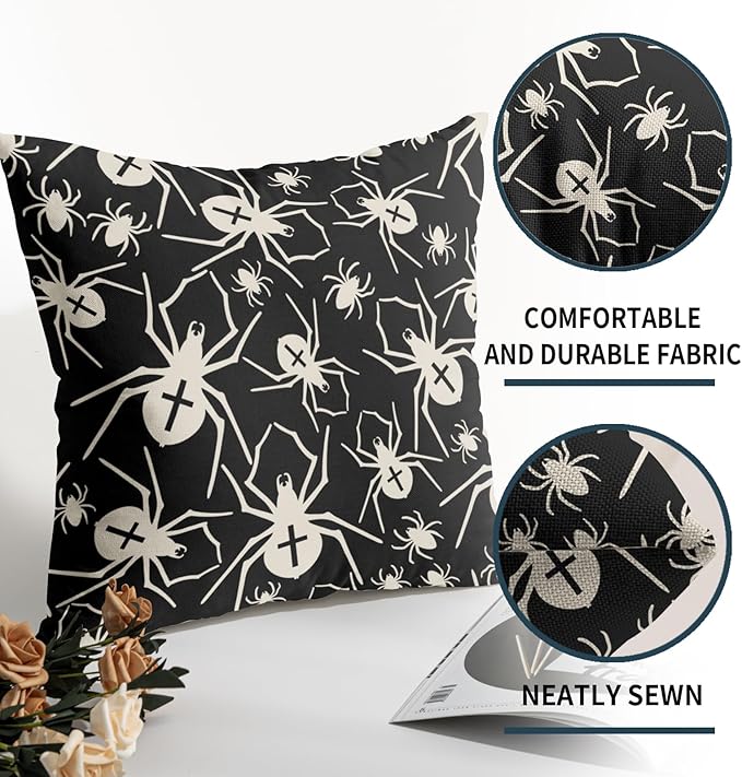Black Halloween Pillow Covers 16x16 Set of 2 Cream Spider Print Outdoor Decorative Throw Pillows Holiday Scary Themed Farmhouse Pillowcases Linen Cushion Case Decor for Home Sofa Couch Bed