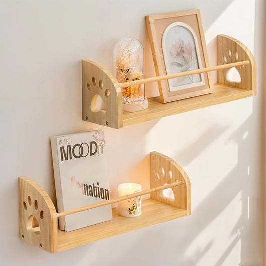 Gronda Nursery Floating Shelves 15.7 Inch, Natural Solid Pine Wood Kids Bookshelves Rustic Boho Decor Wall Mount Storage Organizer for Kids Room Playroom Study Room Living Room Bedroom