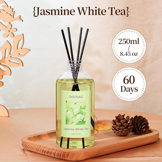 Jasmine White Tea Diffuser with 20 Black Fiber Sticks, 200ml for Diffusers for Home Essentials Bathroom,Last up to 60 Days