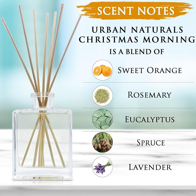 Urban Naturals Christmas Morning Reed Diffuser Set – Aromatic Rosemary, Eucalyptus, Balsam Spruce, Orange, Cedar & Amber – Sleek Rectangular Refillable Glass Bottle – Made in The USA