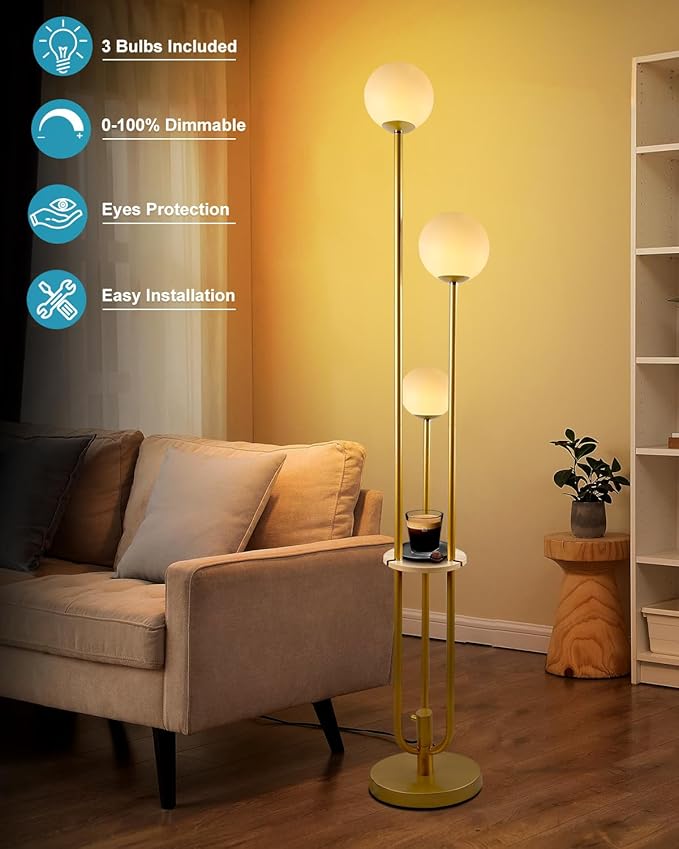 63IN Dimmable Floor Lamp with Shelf, Unique Globe Gold Tall Standing Lamps with 3 Poles, 3000K Warmwhite Mid Century Modern Floor Lamp for Living Room Home Office(Bulbs Included)