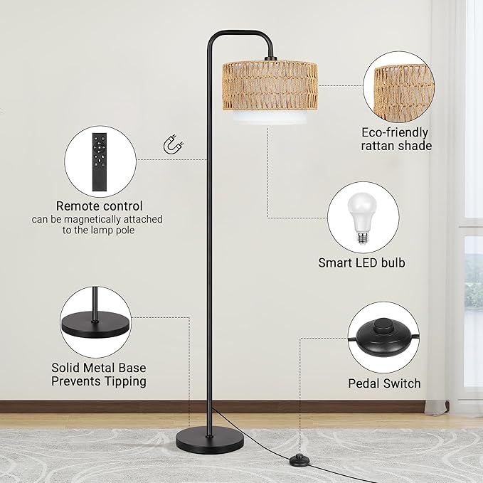 PARTPHONER 68‘’Floor Lamp for Living Room with 3 Color Temperatures, Farmhouse Standing Lamp with Remote & Dimmable Bulb, Boho Lamp Rattan & Fabric Shades, Black