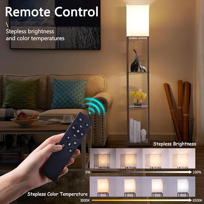 Floor Lamp with Shelves, Modern Square Standing Lamp with 3-Color Remote Control Dimming Bulb, Corner Display Bookshelf Lamp for Living Room, Bedroom and Office (brown-9YK)