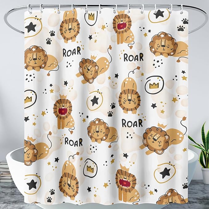 AILONEN Cute Lion Shower Curtain for Bathroom, Children Kwwaii Animal Bathroom Curtain Decor,Printed Bath Curtain for Boys Girls 72" W*72" H Polyester Waterproof Bathroom Curtain with 12 Hooks