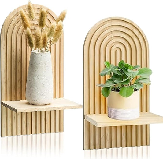 LIYAOLI Boho Arched Wall Shelf Set of 2-15 x 8.6 Inch Wooden Hanging Shelves for Living Room & Bedroom - Mid-Century Modern Bohemian Wall Decor (Natural Wood Finish)