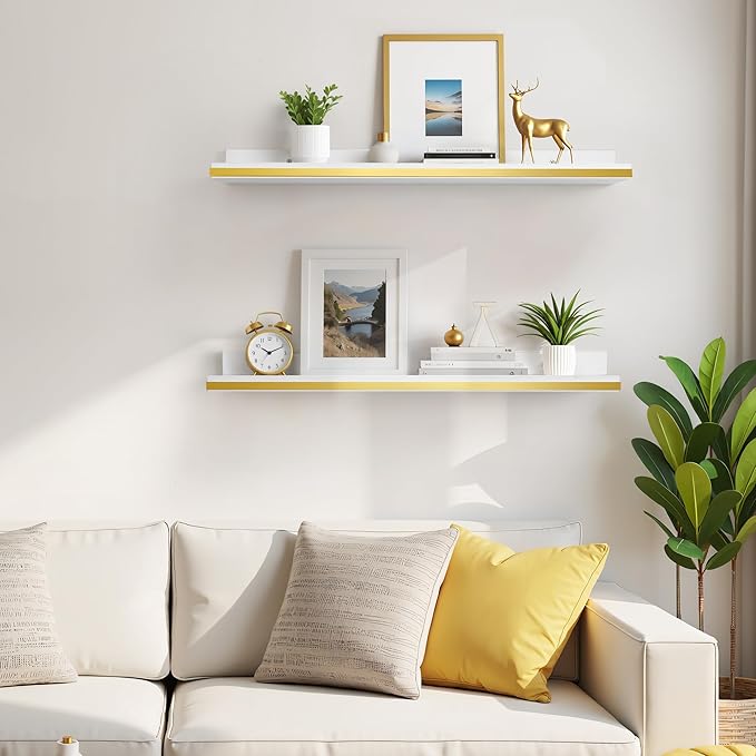Gronda Floating Shelves for Wall with Ledge,White and Gold Picture Ledge Shelf Floating Shelves with Lip, 23.6 Inch Long Storage Shelves Wall Mounted for Bathroom Kitchen Bedroom Shelf Decor,Set of 2