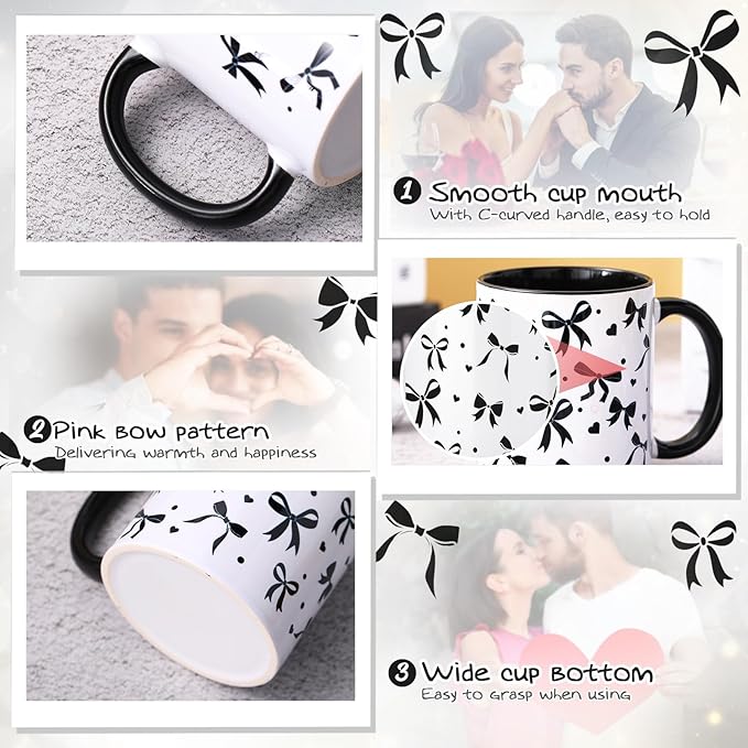 Sliner Black Coquette Bow Coffee Mug Wedding Bridal Shower Gift Set Engagement Gift Ideas 11oz Aesthetic Ceramic Cup with Bow Keychain and Spoon Preppy Mug for Women Bride Christmas Birthday