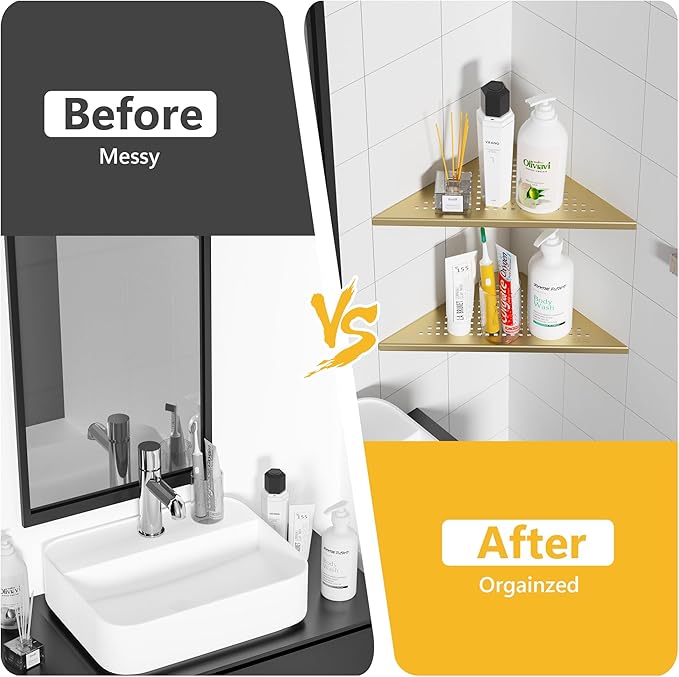Neodrain 12 Inch Gloden Corner Wall Shelf Set of 2, Floating Corner Shelves for Wall, 304 Stainless Steel Wall Storage Shelves for Bathroom,No Drilling