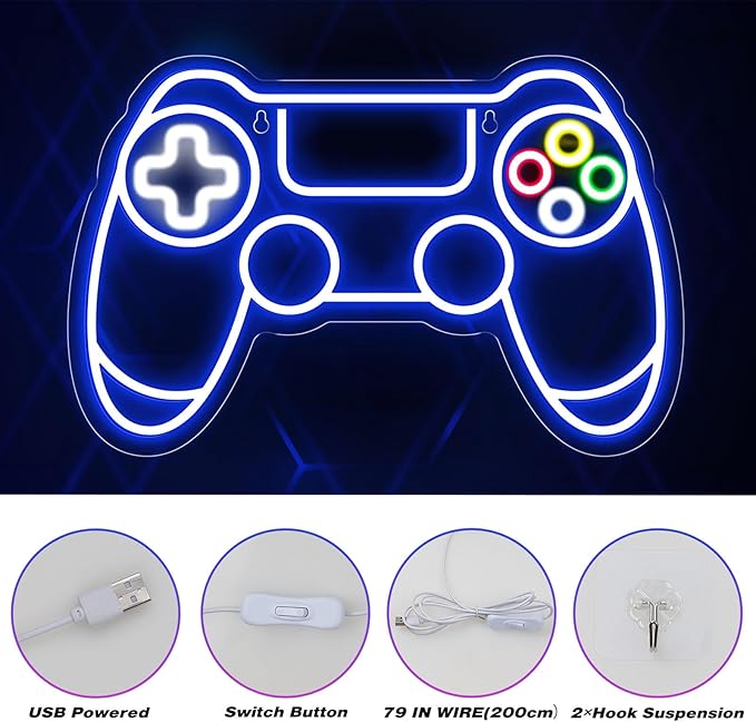 Gamer Neon Sign, Gamepad Shaped LED Neon Sign for Gamer Room Decor, Gaming Neon Sign for Boys Room Decor, Neon Gaming Sign for Gaming Wall Decor, USB Powered Gamer Gifts for Teens, Boys, Kids