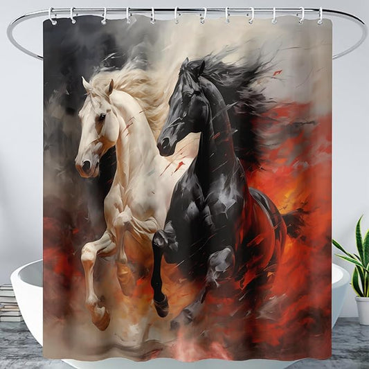 AILONEN 3D Horse Shower Curtain,Black White Galloping Horses Waterproof Fabric Shower Curtains for Bathroom,Farmhouse Animals Bath Curtain Set with Hooks, 72" W*96" H