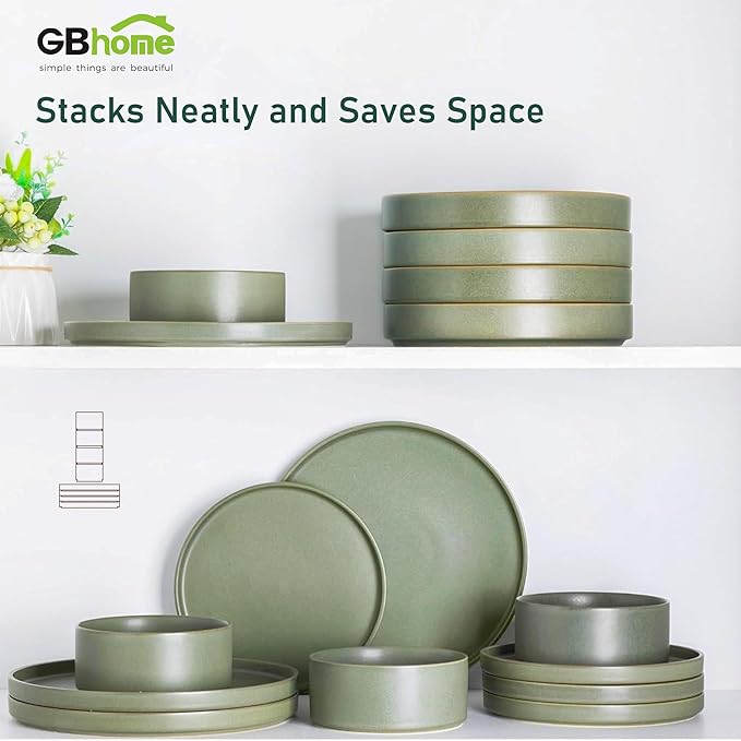 GBHOME Ceramic Dinnerware Sets for 4, Stoneware Plates and Bowls Sets, Chip and Scratch Resistant Dishes, Dishwasher & Microwave& Oven Safe Dishes sets, Reactive Glaze-Green