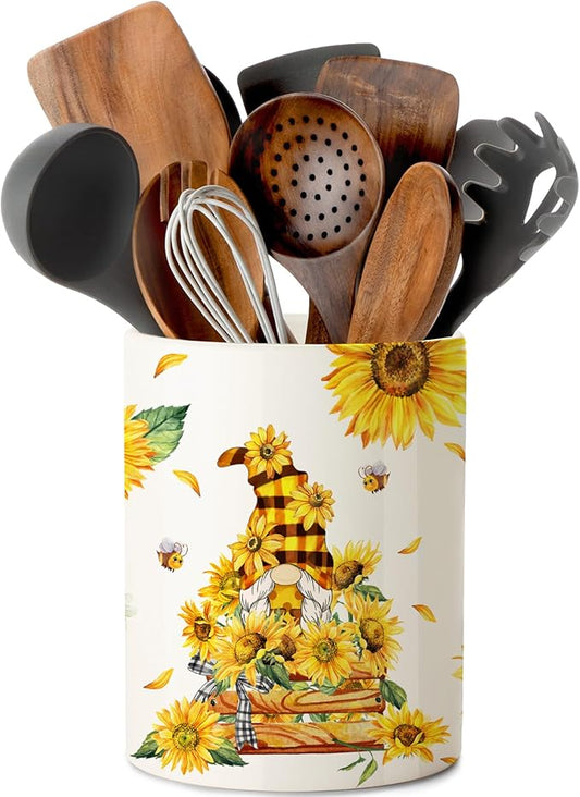 pinata Sunflower Kitchen Decor, Cute Ceramic Utensil Holder, Sunflower Kitchen Utensil Holder for Farmhouse Indoor (6.3inch)