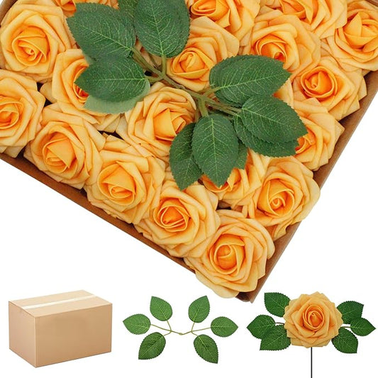 Artificial Flowers Roses Real Looking Foam Fake Roses with Leaves and for DIY Wedding Bouquets Bridal Shower Centerpieces Party Decorations (Creamy Yellow, 200)