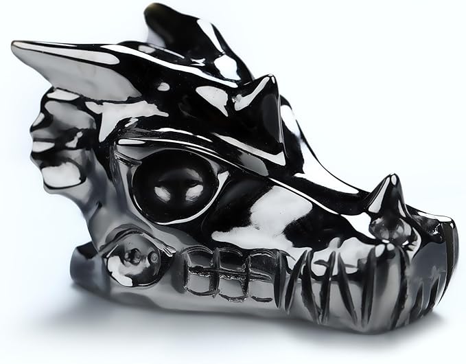 Skullis 2.0" Black Obsidian Hand Carved Crystal Dragon Skull Sculpture, Crystal Healing.1511