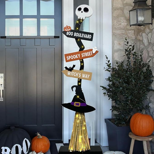 DAZONGE Halloween Decorations -Lighted Wooden Witch’s Broom for Indoor Outdoor Porch Yard Decor - Spooky Light up Halloween Witch Decorations Sign