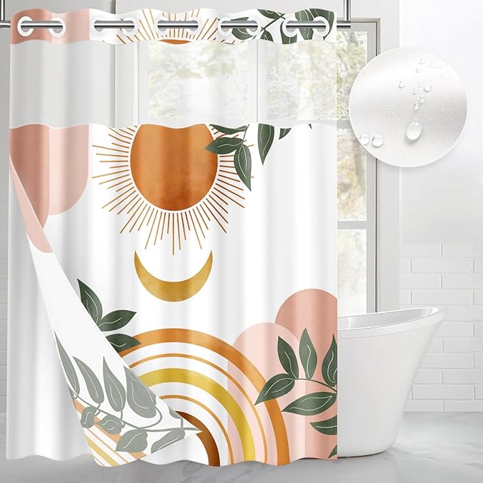 Boho Mid Century No Hook Shower Curtain with Snap in Liner, Sun Moon Leaves Orange Bath Curtain with Double Layers Waterproof Fabric and Mesh Top Window 71x74 Inch