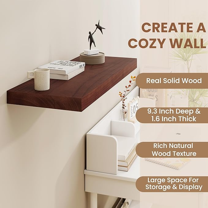 Fun Memories Deep Floating Shelves, Solid Wood Floating Shelves Wall Mounted, 9.3" Deep Floating Shelf for Living Room, Bedroom, 36 x 9 Large Wall Shelves for Books, Walnut Color, Set of 2