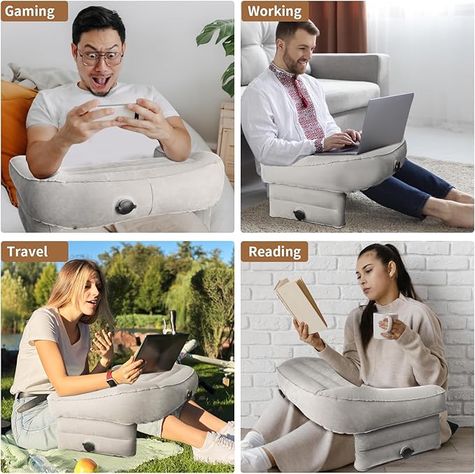 Inflatable Lap Pillow for Gaming, Reading & Bed Couch Rest Pillows, Foldable Laptop Pillow Arm Rest for Adult Playing Working, Portable Large Gamer Pillow Desktop for Sitting in Bed Sofa Floor