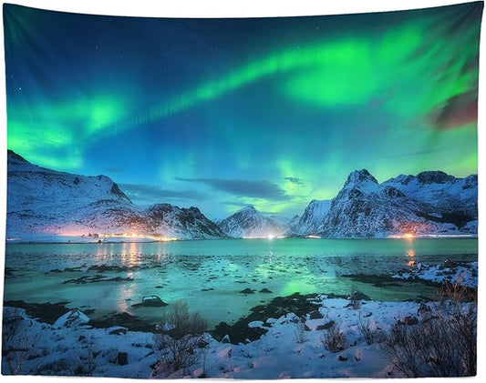 BELECO Northern Lights Wall Hanging - Aurora Borealis Tapestry 92x70 Inch Snow Mountains Lake View Starry Night Norwegian Winter Wall Decor for Living Room Bedroom Dorm