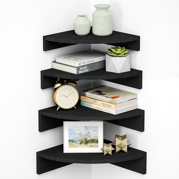 Alsonerbay Black Corner Wall Shelf, Floating Shelves Wall Mount Set of 4, Rustic Wood Shelves for Bedroom, Living Room, Bathroom, Entryway, Garage