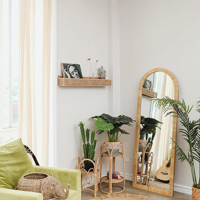 Boho Long Rattan Wall Shelf Farmhouse Woven Wall Mounted Shelf Basket Organizer Storage Rustic Floating Hanging Wall Shelf for Livingroom Home Decor