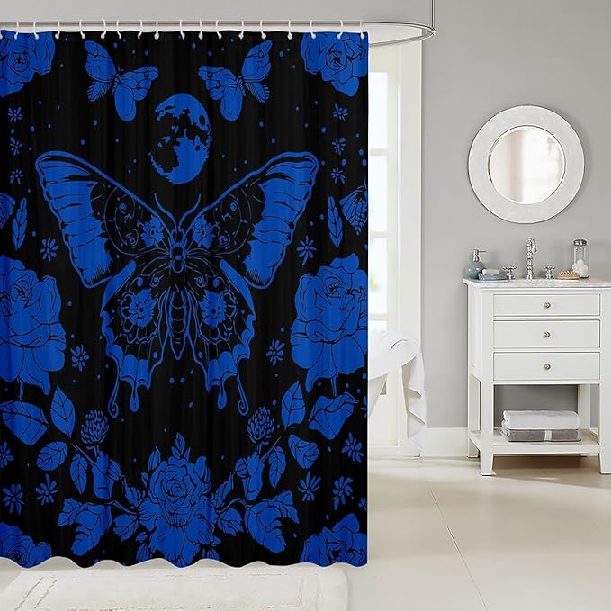 Feelyou Blue Butterfly Fabric Shower Curtain Cover Botanical Floral Shower Curtain for Kids Boys Girls Butterflies Bathroom Waterproof Accessories with 12 Hooks Flying Curtains,72x84 Inches