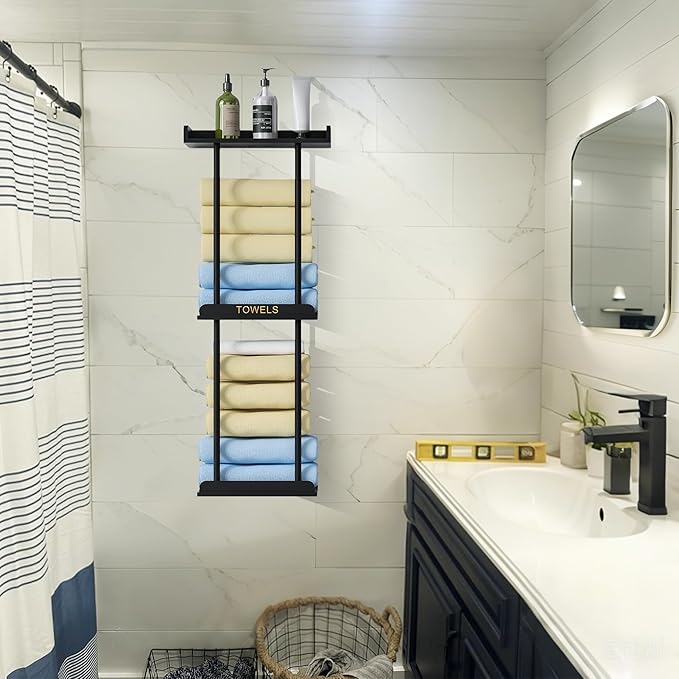 MinBoo Bamboo Bathroom Towel Storage Rack, Towel Racks for Bathroom Wall Mounted with Shelf Can Holds Large Towels, Wall Towel Rack for Rolled Towels, Black